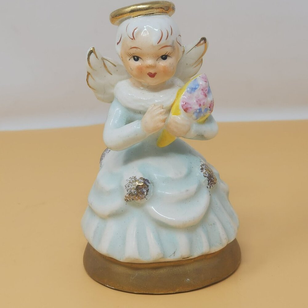 Vintage Ceramic Angel‎ Figurine With Gold Accents Holding Flower Japan MCM